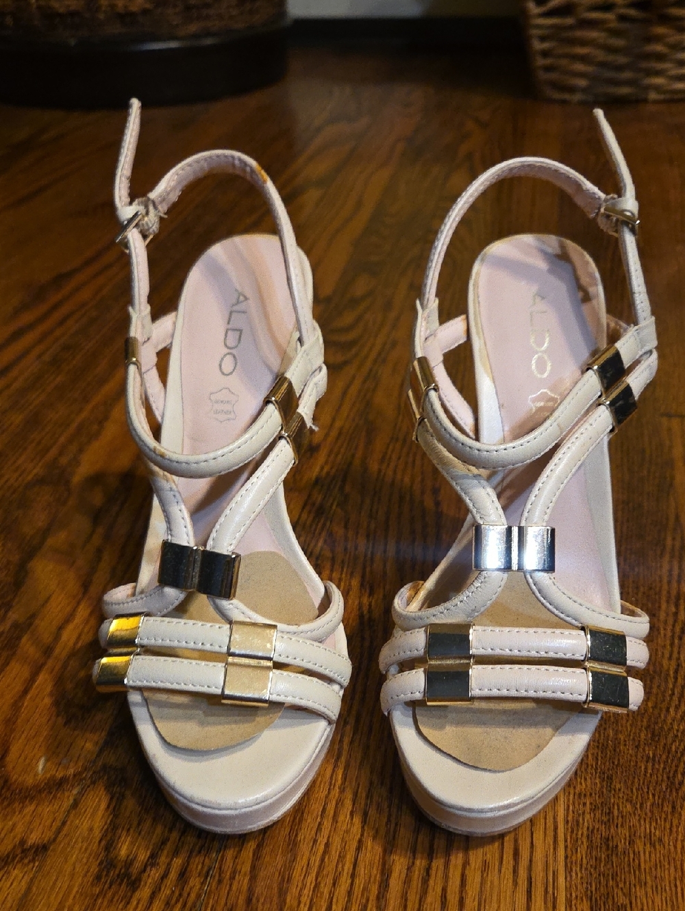 ALDO Blush Pink Strappy Platform Heels with Gold Accents
